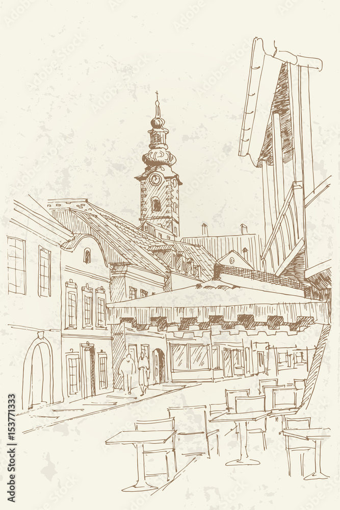 Fototapeta premium vector sketch of Tkalciceva street scene in Zagreb, Croatia. Retro style.