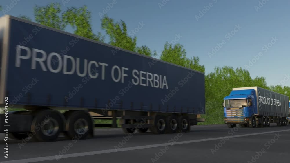 Moving freight semi trucks with PRODUCT OF SERBIA caption on the trailer. Road cargo transportation. Seamless loop 4K clip Moving freight semi trucks with PRODUCT OF SERBIA caption on the trailer. Road cargo transportation. Seamless loop 4K clip