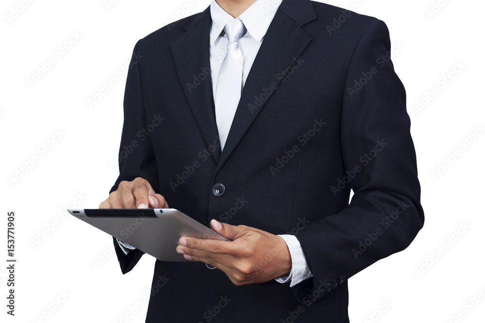 Asian businessman in suit formal wear using tablet computer isolated on white background with clipping path. Asia male model in his 30s Asian businessman in suit formal wear using tablet computer isolated on white background with clipping path. Asia male model in his 30s