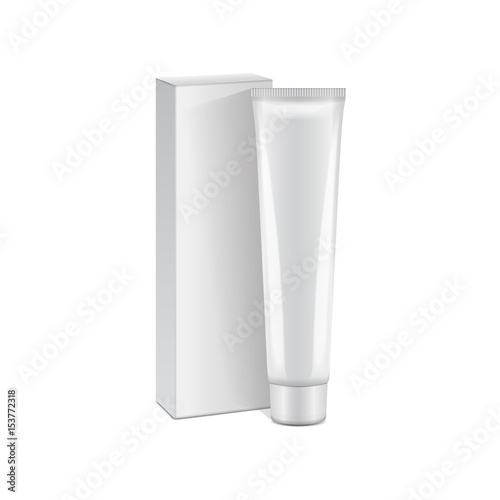 Vector plastic tube with white box for medicine or cosmetics - cream, gel, skin care, toothpaste. Packaging mockup template