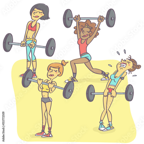 Funny vector cartoon with group of woman exercising with weights, one is all sweaty and struggling