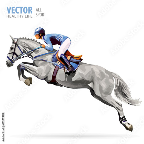 Jockey on horse. Champion. Horse riding. Equestrian sport. Jockey riding jumping horse. Poster. Sport background. Isolated Vector Illustration.