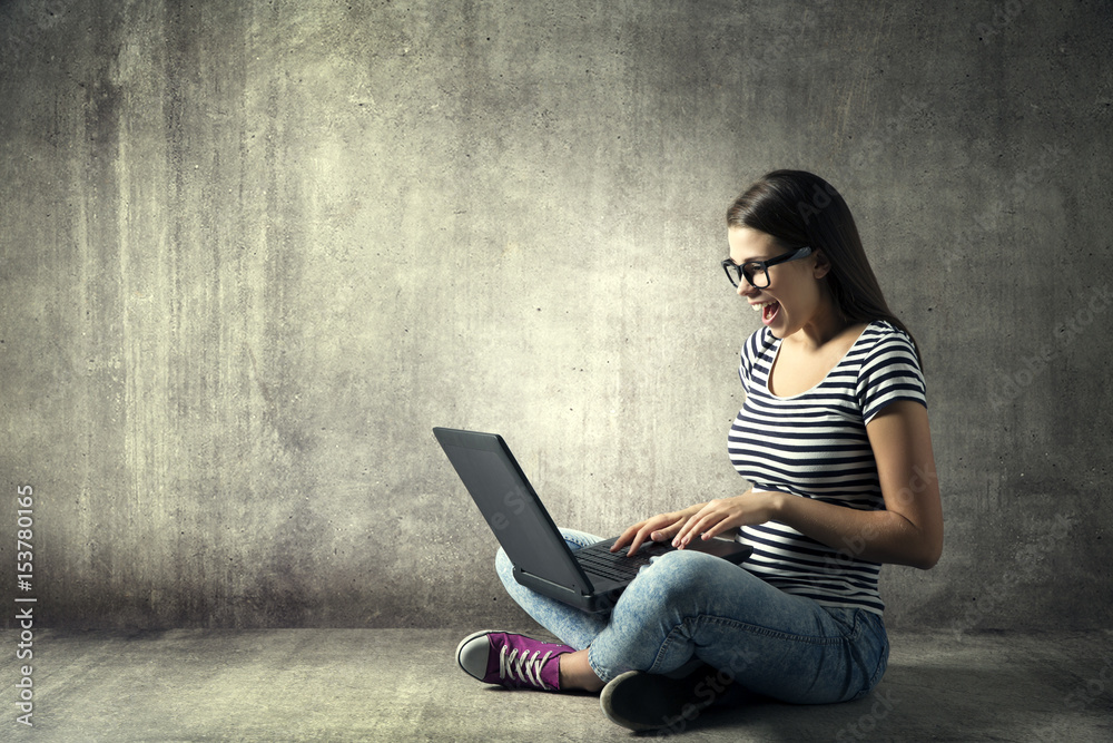Φωτογραφία Woman Using Laptop, Happy Girl in Glasses on Notebook, Young Adult Sitting on Fl