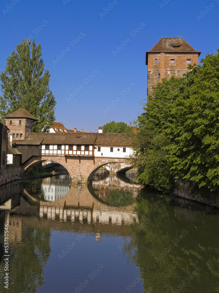 Pegnitz river with Henkersteg and Henkerhaus, Nuremberg, Middle Franconia, Franconia, Bavaria, Germany, Europe