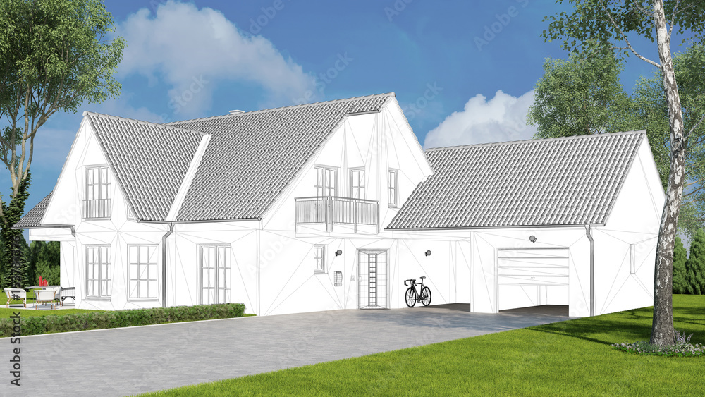 Obraz premium CAD Zeichnung von Einfamilienhaus in Garten