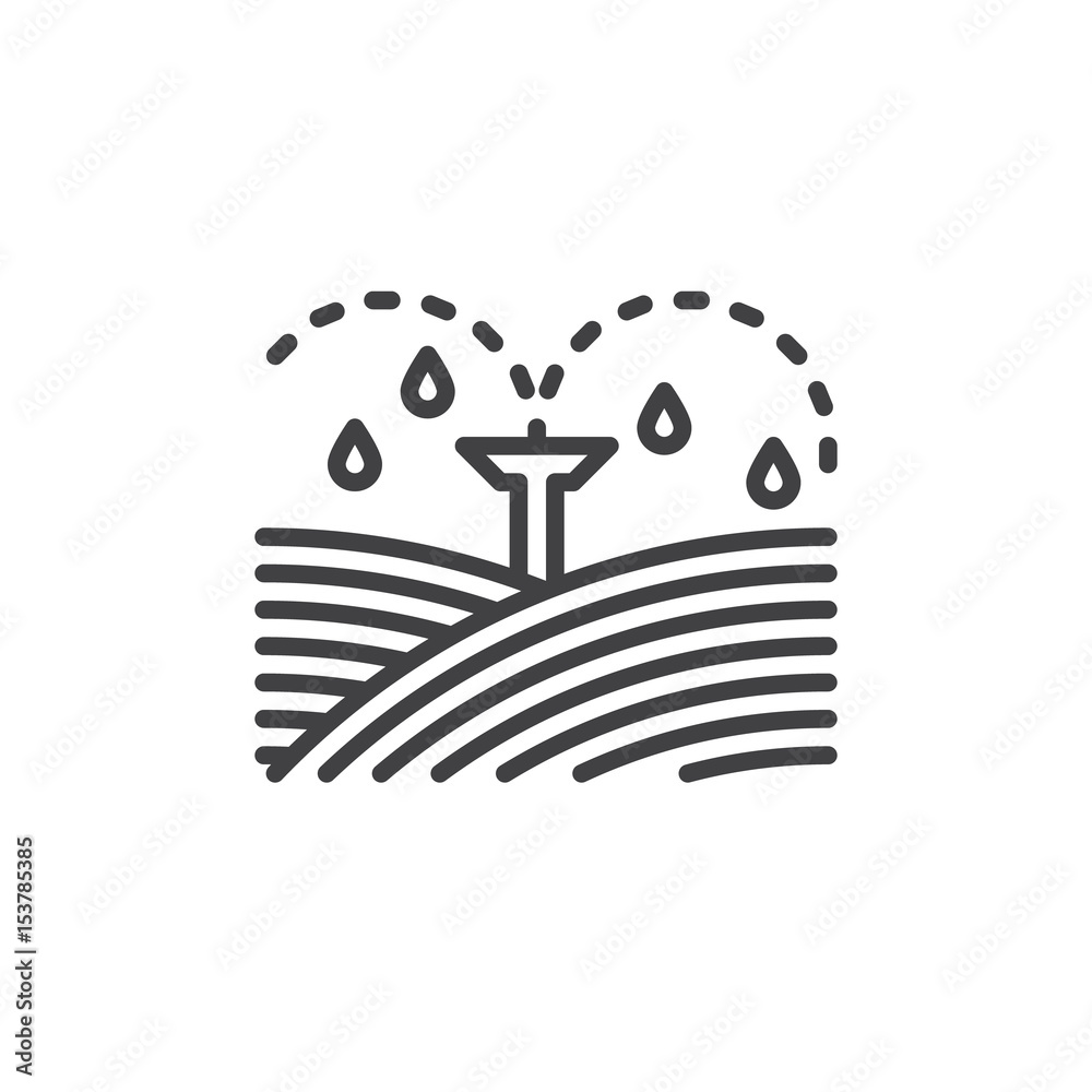 Irrigation sprinklers line icon, outline vector sign, linear style pictogram isolated on white. Symbol, logo illustration. Editable stroke. Pixel perfect - obrazy, fototapety, plakaty 