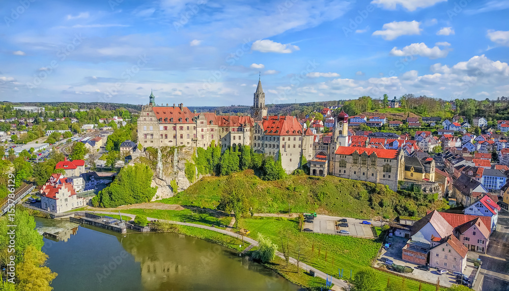 Panoramic aerial view on Sigmaringen castle located on the side of Danube river in Sigmaringen, Baden-Wurttemberg, Germany