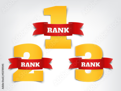 A set of numeric ranks with red ribbon on grey background. Vector illustration