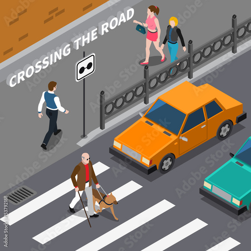Blind Person On Crosswalk Isometric Illustration