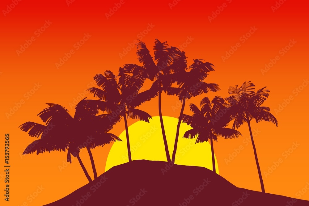 Tropical palm tree silhouette against sunset sky. 3d rendering