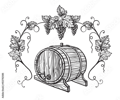 Vector sketch of grapes, wine glass, barrel on background for design