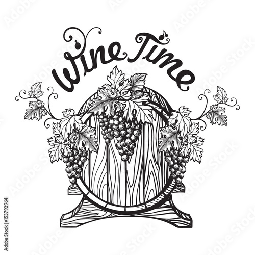 Vector sketch of grapes, wine barrel on background for design
