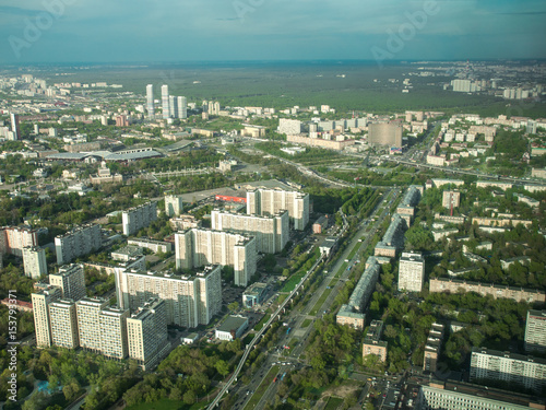 Toned image Aerial view of Moscow with business centers and skyscrapers and the Moscow international center of Moscow City on the background sky