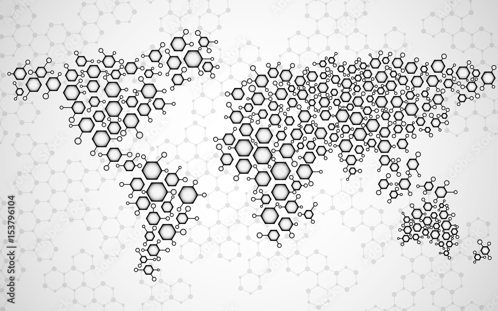 Abstract world map of hexagonal molecular structures. Vector Stock ...