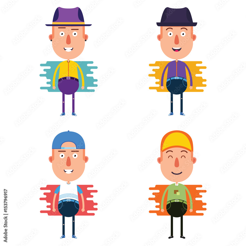 4 Set of Young Stylish Man Cartoon Character