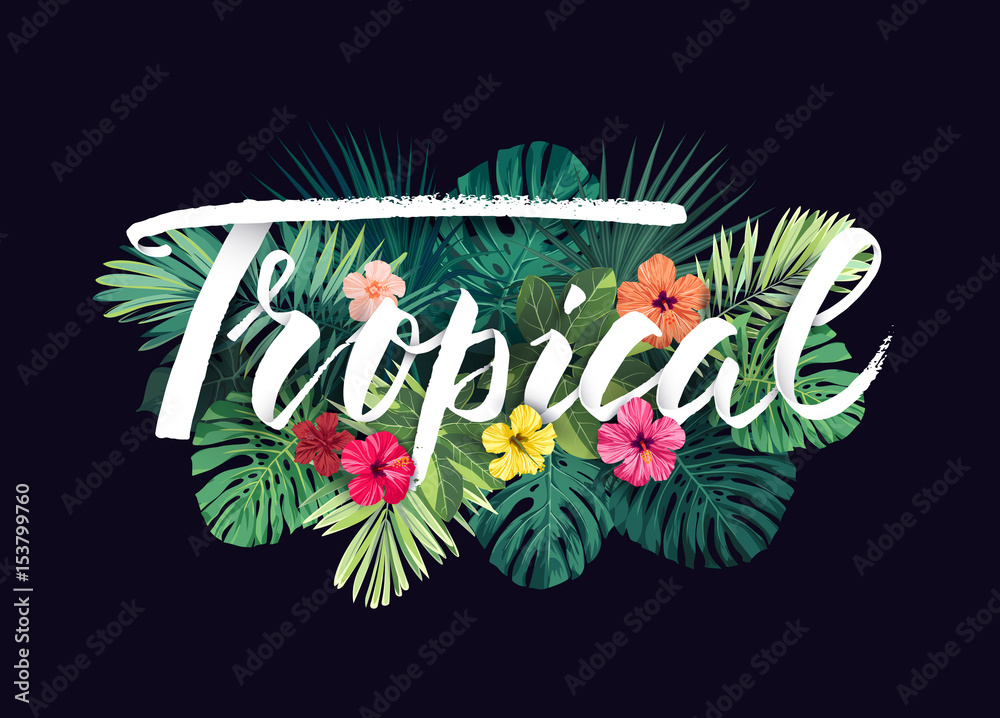 Fototapeta premium Summer hawaiian vector design for card or flyer with exotic palm leaves, hibiscus flowers and lettering.