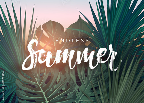 Summer tropical vector design for banner or flyer with dark green palm leaves and lettering.