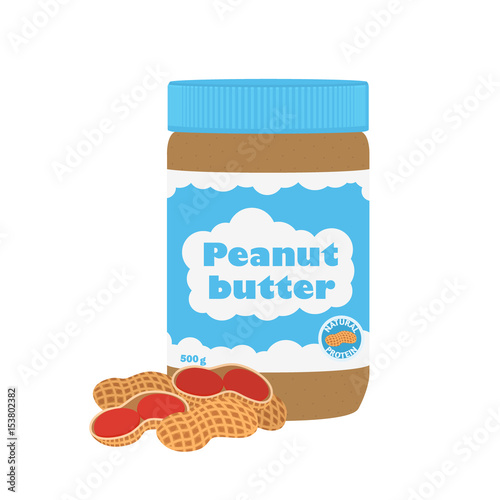 Peanut butter with peanuts. Healthy nutrition for breakfast. Flat style.