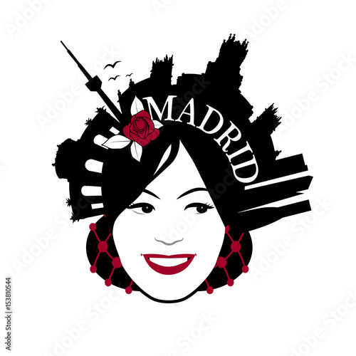 Symbolic image of Madrid. Woman wearing comb with Madrid monuments