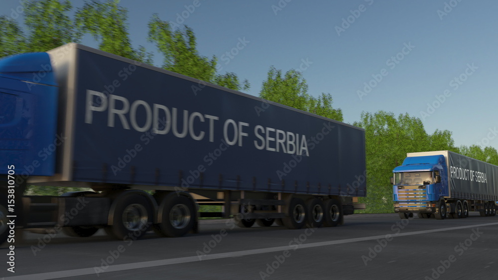 Moving freight semi trucks with PRODUCT OF SERBIA caption on the trailer. Road cargo transportation. 3D rendering Moving freight semi trucks with PRODUCT OF SERBIA caption on the trailer. Road cargo transportation. 3D rendering