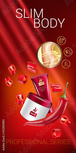 Body skin care series ads. Vector Illustration with chili pepper body slimming firming cream tube and container