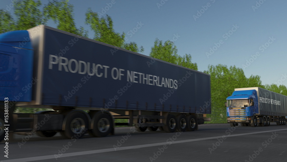 Moving freight semi trucks with PRODUCT OF NETHERLANDS caption on the trailer. Road cargo transportation. 3D rendering