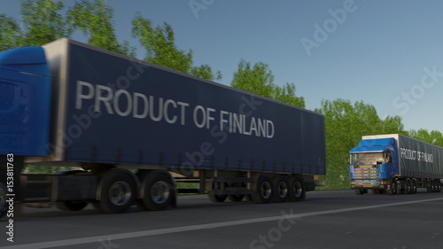 Moving freight semi trucks with PRODUCT OF FINLAND caption on the trailer. Road cargo transportation. 3D rendering