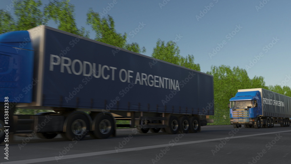 Moving freight semi trucks with PRODUCT OF ARGENTINA caption on the trailer. Road cargo transportation. 3D rendering Moving freight semi trucks with PRODUCT OF ARGENTINA caption on the trailer. Road cargo transportation. 3D rendering