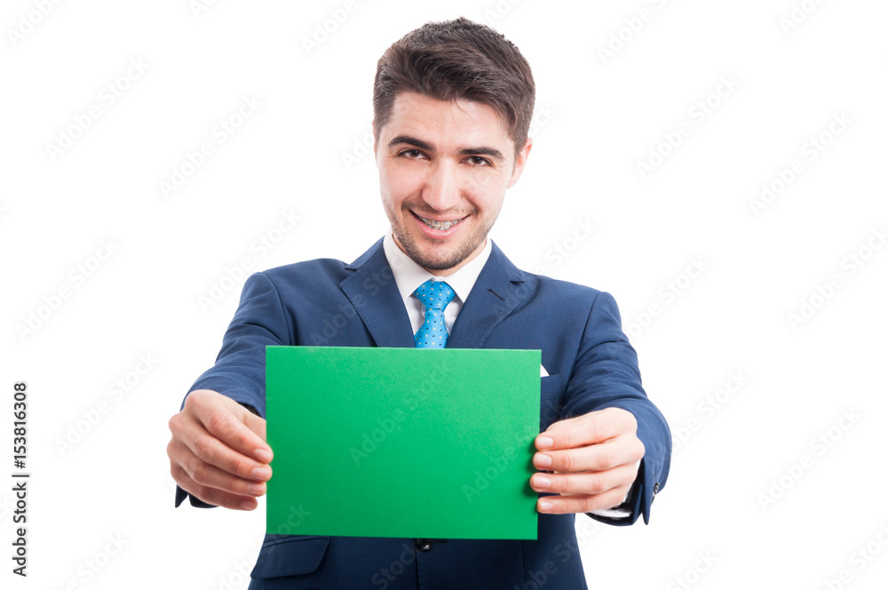 Happy lawyer smiling and showing empty paper card Happy lawyer smiling and showing empty paper card