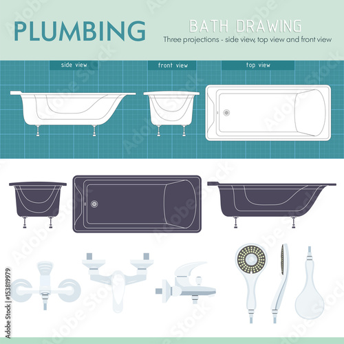 Bath and faucet silhouette. Front, side and top view.