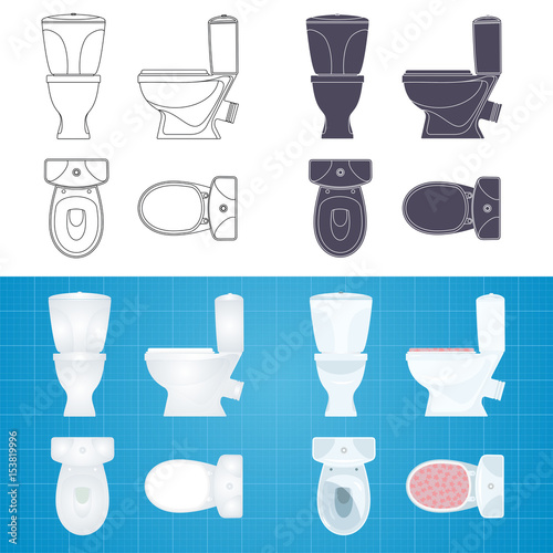 Toilet bowl silhouette. Front, side and top view.