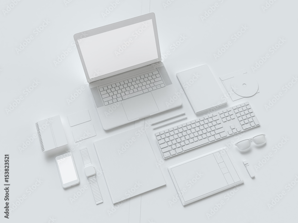 Grey and isolated office supplies with attributes furniture for office. 3D illustration. Grey and isolated office supplies with attributes furniture for office. 3D illustration.
