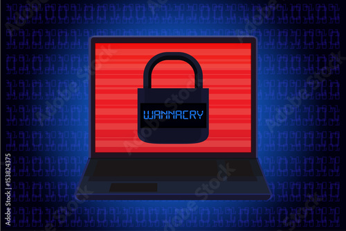 Laptop showing master key icon on screen over blue background in computer code theme. Illustration about ransomware called WannaCry.