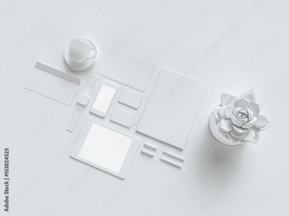 Grey and isolated office supplies with attributes furniture for office. 3D illustration.