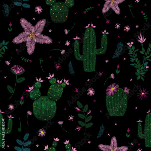 Flowering cactus, traditional embroidery, vector, seamless texture