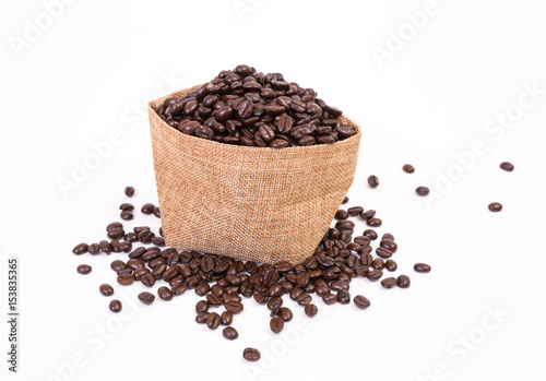 Sack of coffee beans on white background