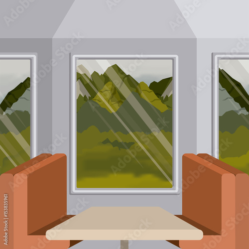 background interior train with a passenger compartment and landscape scenary outside vector illustration