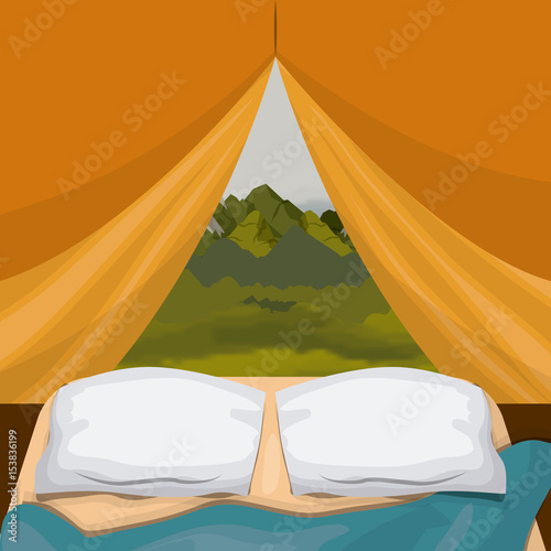 background interior camping tent with pad and landscape scenary outside vector illustration