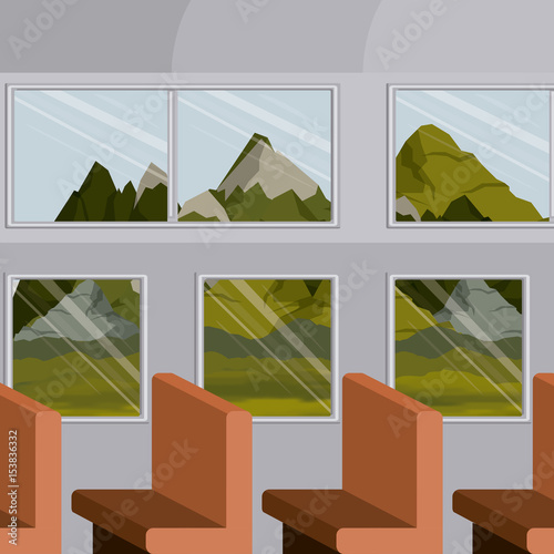 background interior train with a passenger compartment row chairs and landscape scenary outside vector illustration
