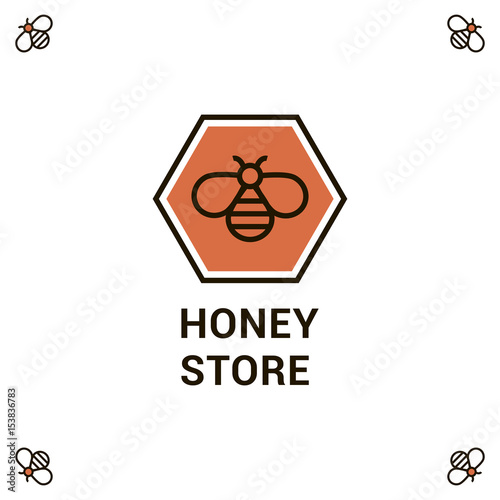 Vector logo template for honey store. Creative logotype. EPS10. Illustration of honeycomb with bee in orange color. Can be used for textile design, design of banners, company identity.