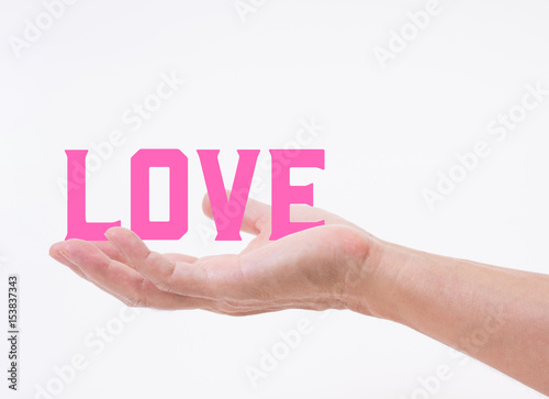 Man hand holding LOVE word on white background