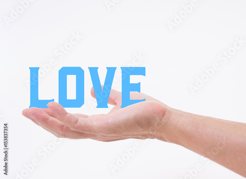 Man hand holding LOVE word on white background