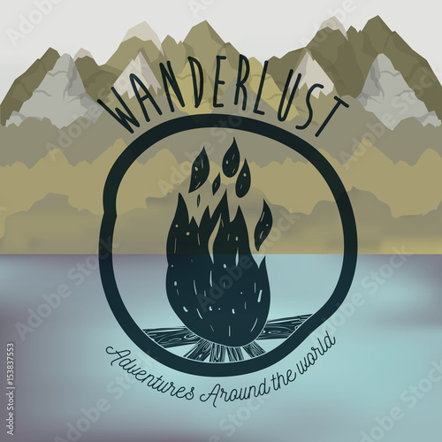 background blur forest scenary with lake and wanderlust logo wood fire vector illustration
