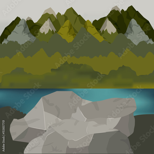 background outside forest scenary with lake and rocks vector illustration