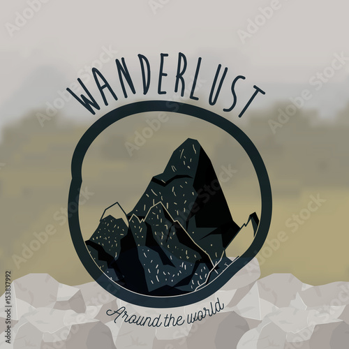 background blur forest scenary with wanderlust logo rocky mountains vector illustration