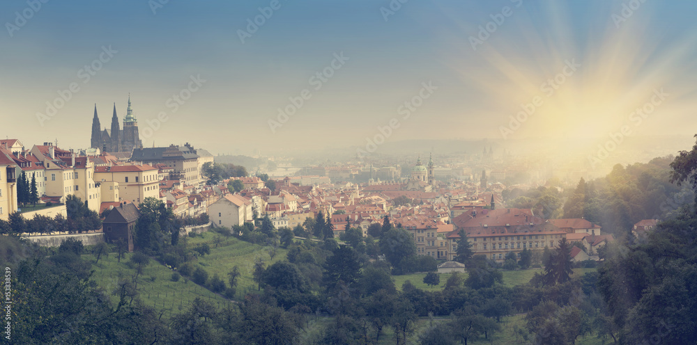 Prague, Czech Republic. Panorama of the old city , retro effect