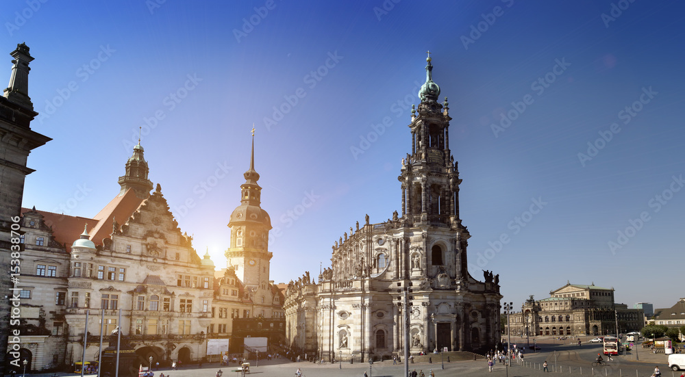 Dresden.Cathedral of the Holy Trinity or Hofkirche and Dresden Castle, Saxony, Germany. Panorama