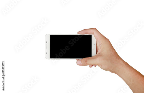 One hand holding mobile smartphone with black screen. Mobile photography concept. Isolated on white.