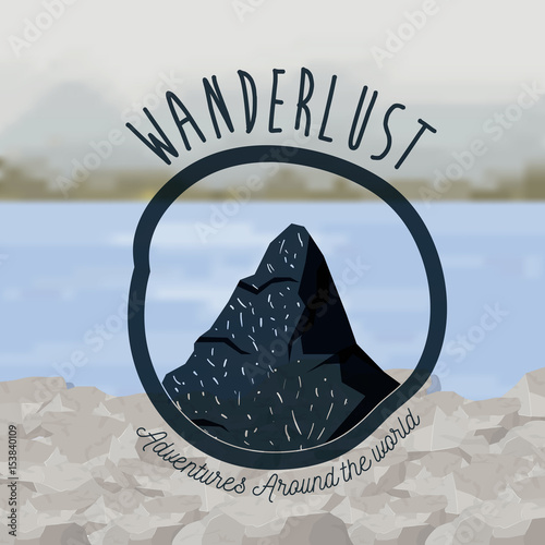 background outside forest scenary with lake and wanderlust logo rocks vector illustration