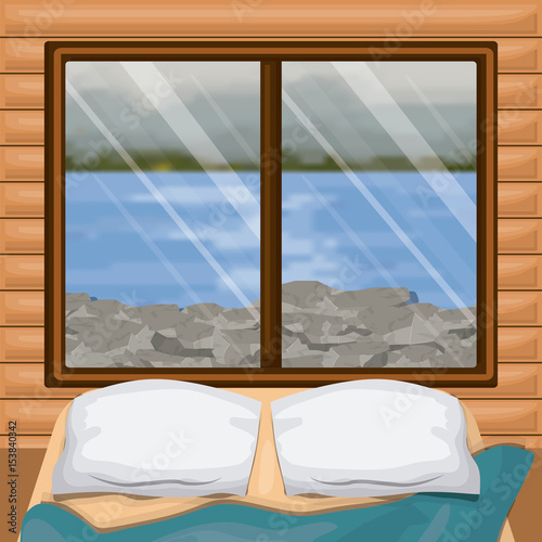 background interior wooden cabin with bed and blur river with rocks scenary behind window vector illustration